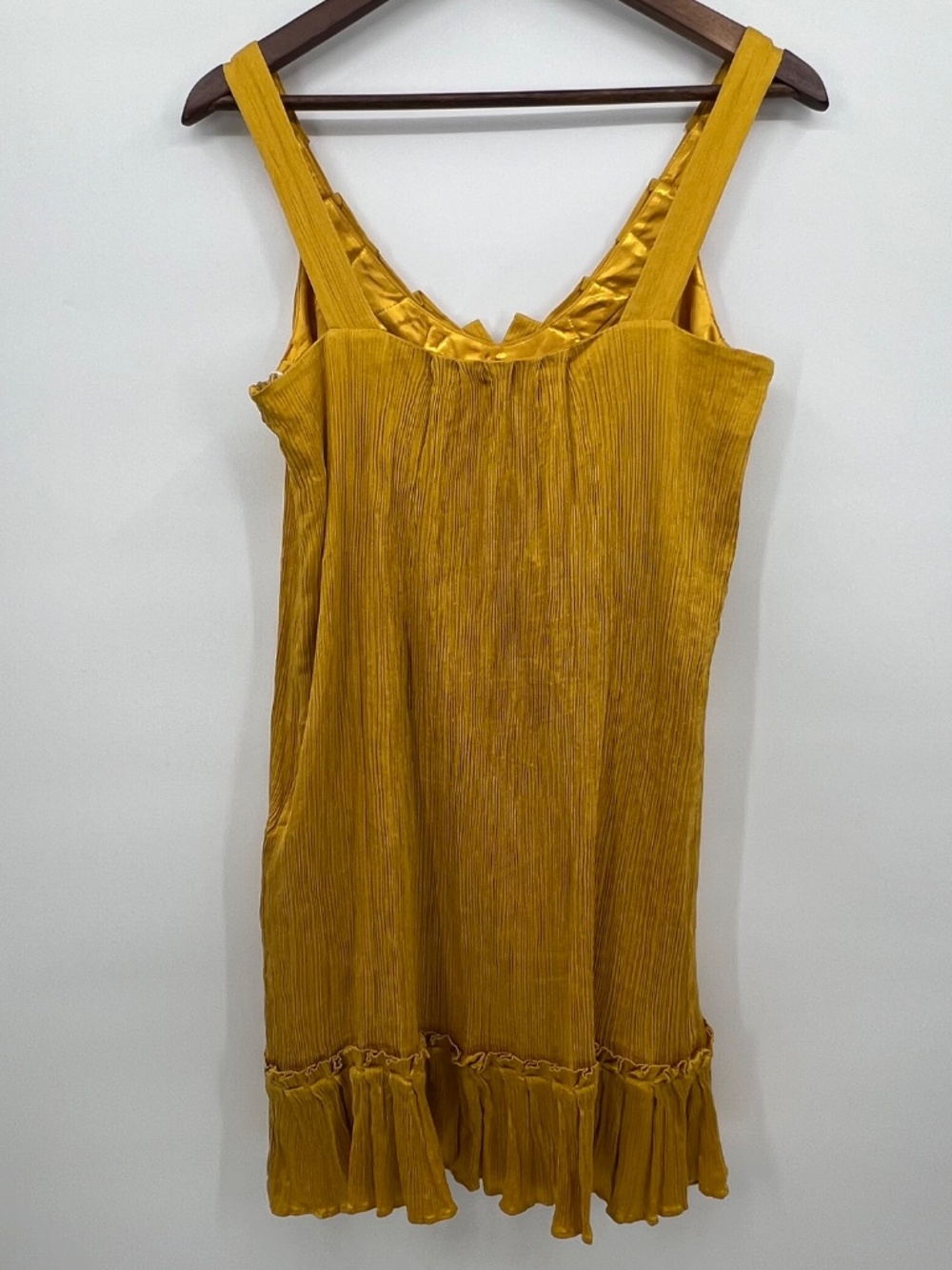 Jax Womens 8 100% Silk Dress Mustard Gold Ruffle Bow Pleated Y2K Mini Cocktail - Picture 2 of 7